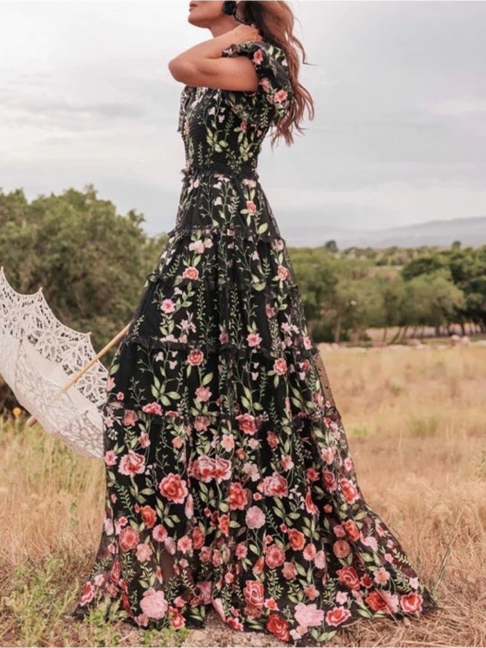 JessaKae Black Maxi Dress with Pink & Green Floral Print